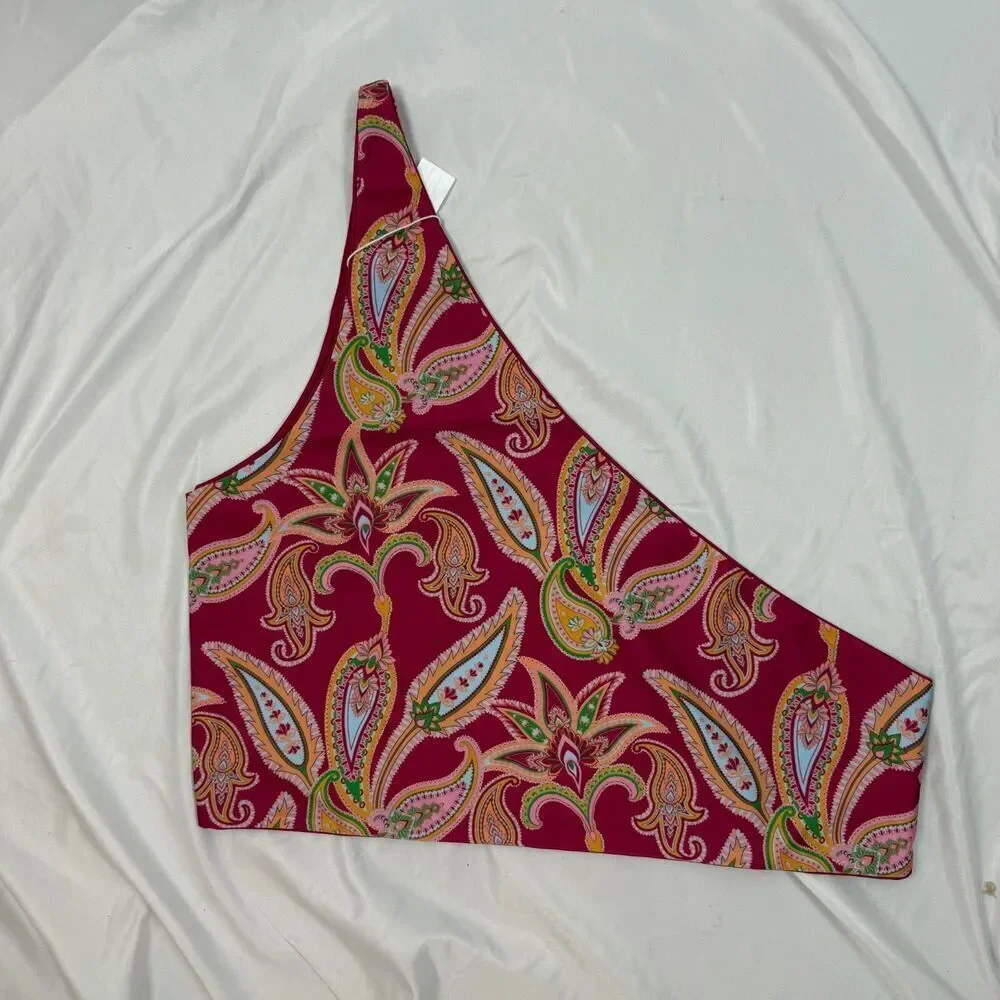 NWT Baiia Paisley Sangria Pink Reversible One Shoulder Bikini Top Swimsuit US 18